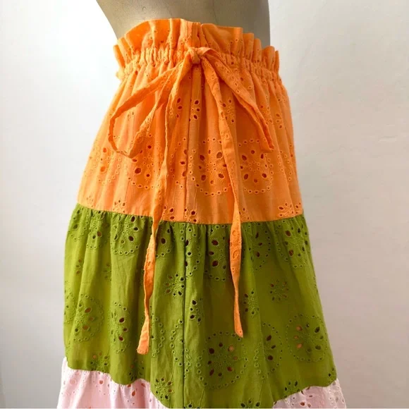 ANTHROPOLOGIE HUTCH Fantine Maxi Skirt-color-block eyelet-elastic waist SZ XS - Picture 5 of 10